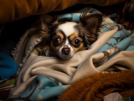 Mischievous dog peeking out from a cozy blanket fort AI Generative photo