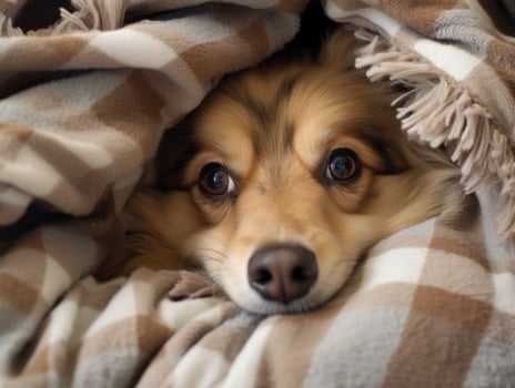 Mischievous dog peeking out from a cozy blanket fort AI Generative photo