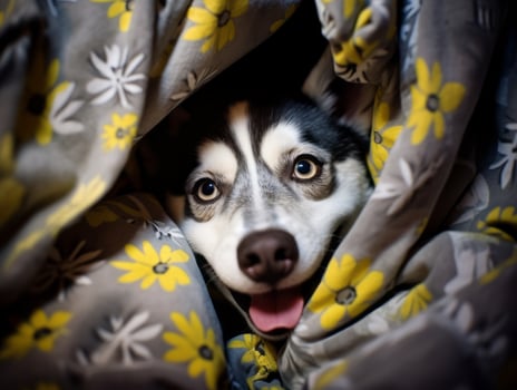 Mischievous dog peeking out from a cozy blanket fort AI Generative photo