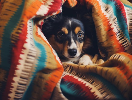 Mischievous dog peeking out from a cozy blanket fort AI Generative photo