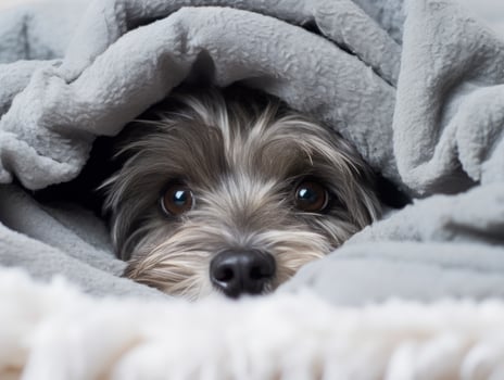 Mischievous dog peeking out from a cozy blanket fort AI Generative photo