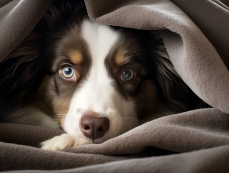 Mischievous dog peeking out from a cozy blanket fort AI Generative photo