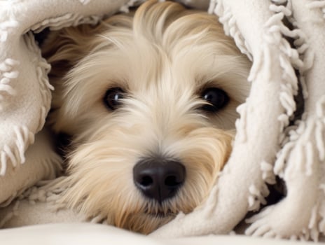 Mischievous dog peeking out from a cozy blanket fort AI Generative photo