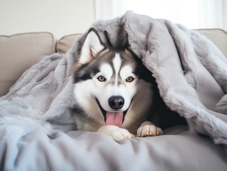 Mischievous dog peeking out from a cozy blanket fort AI Generative photo