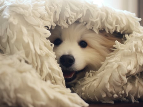 Mischievous dog peeking out from a cozy blanket fort AI Generative photo