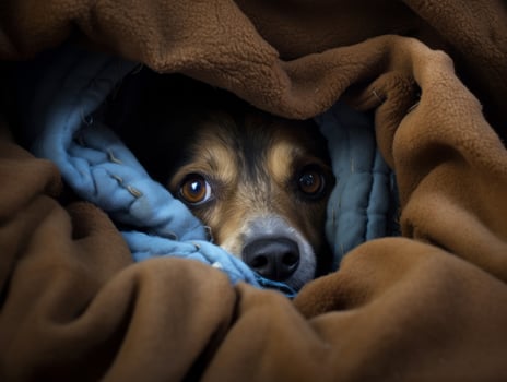 Mischievous dog peeking out from a cozy blanket fort AI Generative photo