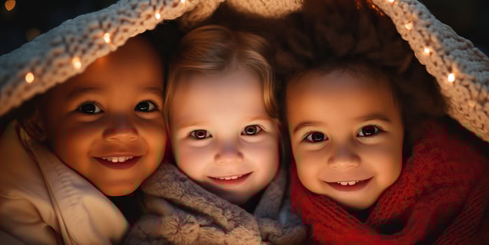 Cute little girls in warm knitted sweaters and scarves at home AI Generated photo