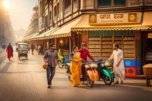 a man and woman walking down the street with a motorbike. AI-Generated photo