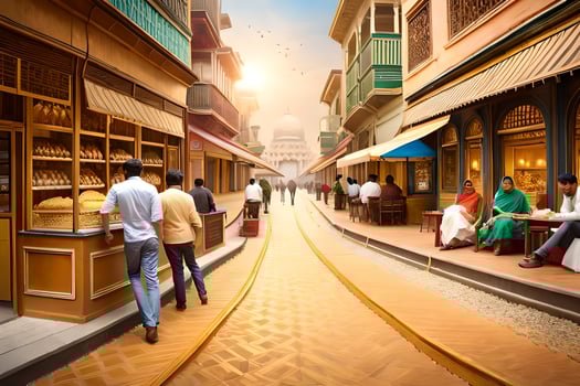 a street scene with people walking down the street. AI-Generated photo