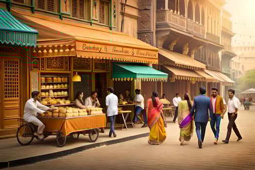 a street scene with people walking around a bakery. AI-Generated photo