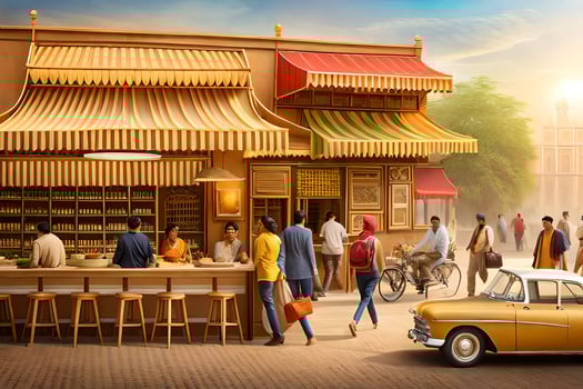 a painting of people walking around a street with a vintage car. AI-Generated photo