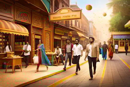 a group of people walking down a street in india. AI-Generated photo