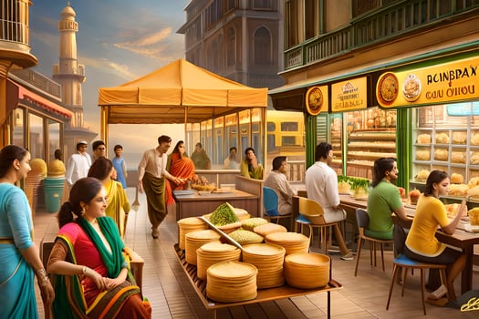 a painting of people eating at a food stand. AI-Generated photo