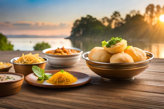indian food on wooden table with sunset in background. AI-Generated photo