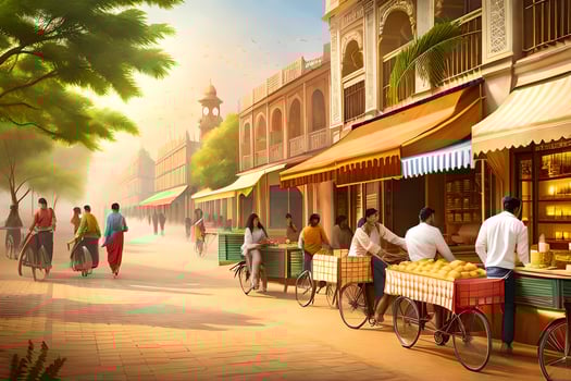 a painting of people walking down the street with bicycles. AI-Generated photo