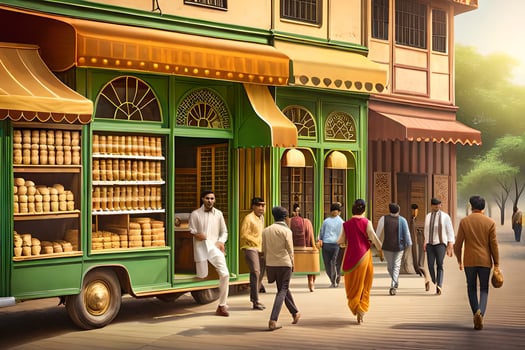 a painting of people walking down the street near a bakery. AI-Generated photo