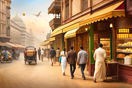 a street scene with people walking down the street. AI-Generated photo