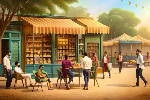 a group of people are sitting at tables outside of a shop. AI-Generated photo