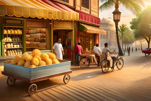 a street scene with people walking and riding bicycles. AI-Generated photo