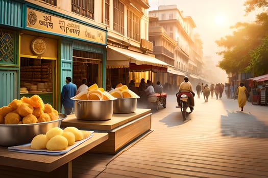 a street with people walking and eating food. AI-Generated photo