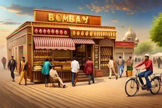 a painting of people walking around a street with a shop. AI-Generated photo