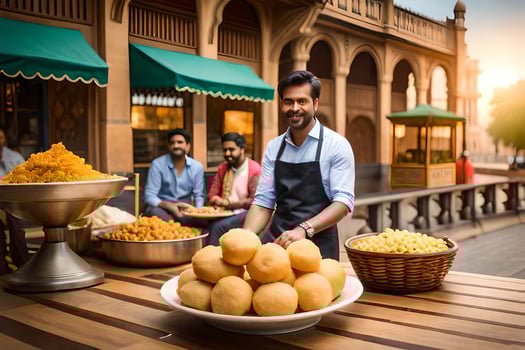 a man is selling food at an outdoor market. AI-Generated photo