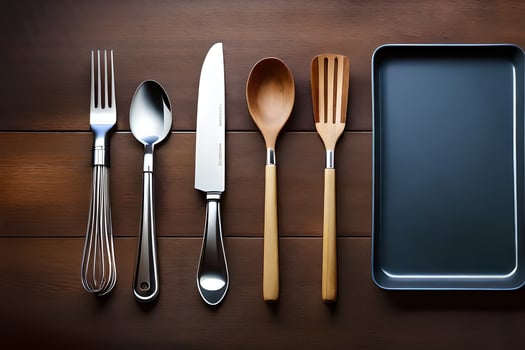 a set of utensils on a wooden table. AI-Generated photo