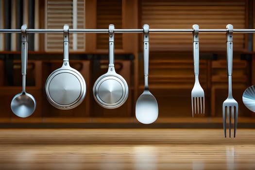 a set of silver utensils hanging on a rack. AI-Generated photo