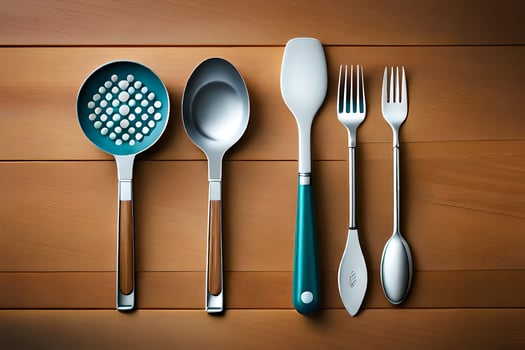 a set of utensils on a wooden table. AI-Generated photo