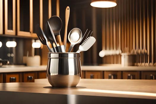 a stainless steel vase with utensils on a kitchen counter. AI-Generated photo