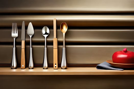 a wooden shelf with silverware, forks and spoons. AI-Generated photo