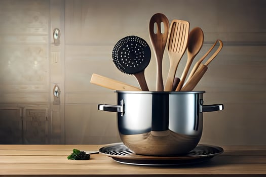 a pot with wooden utensils sitting on top of a wooden table. AI-Generated photo