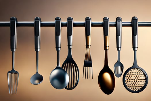 a group of utensils hanging on a metal rod. AI-Generated photo