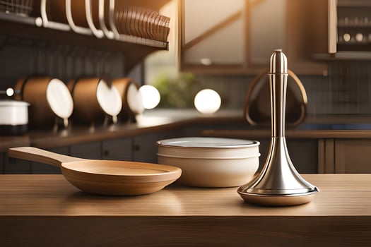 a kitchen counter with a wooden bowl and a silver spoon. AI-Generated photo