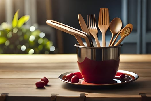 a red cup with wooden utensils in it. AI-Generated photo