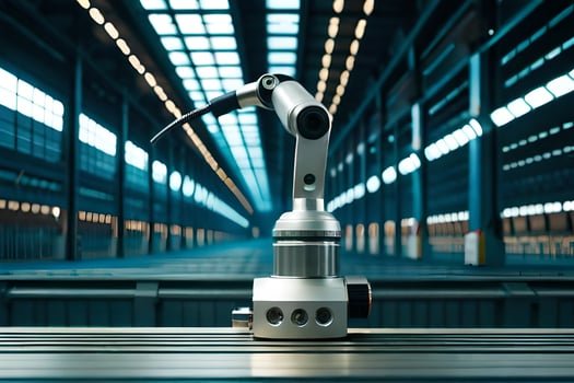 a robotic arm is sitting on a metal table. AI-Generated. AI-Generated. AI-Generated photo