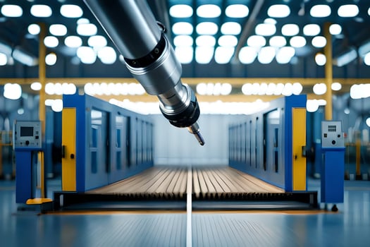 a robotic arm is in the middle of a factory. AI-Generated photo