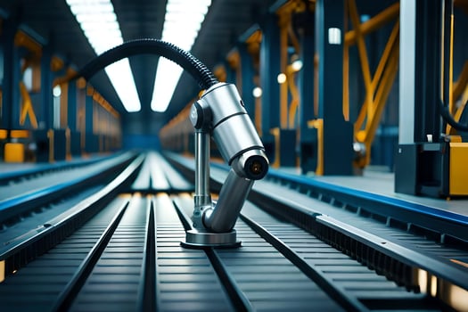 a robotic arm is on a conveyor belt in a factory. AI-Generated photo