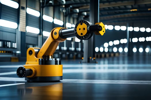 a yellow industrial robot is sitting on a floor in a warehouse. AI-Generated photo