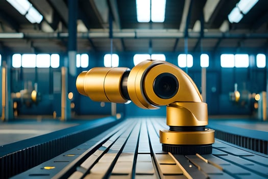 a golden robotic arm on a metal table. AI-Generated photo