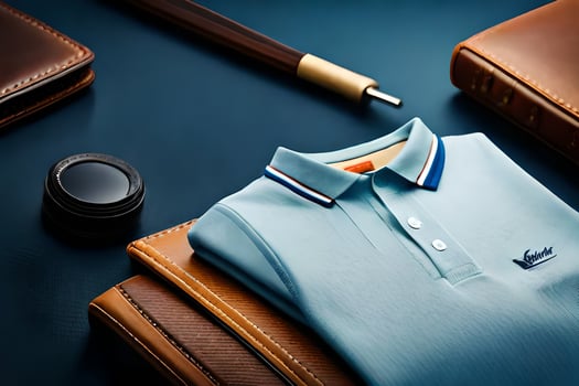 a blue polo shirt, a leather case and a pen. AI-Generated photo