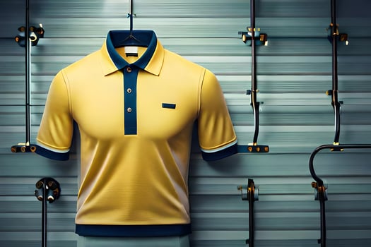 a yellow polo shirt is hanging on a hanger. AI-Generated photo