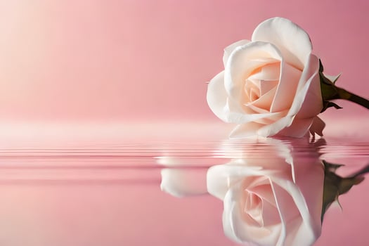 a single rose is reflected in water on a pink background. AI-Generated photo