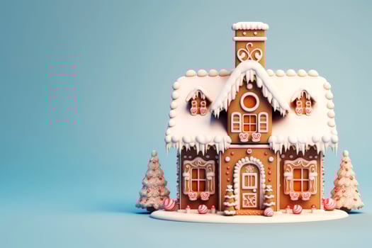 AI Generated A beautiful gingerbread house on a delicate light background. photo