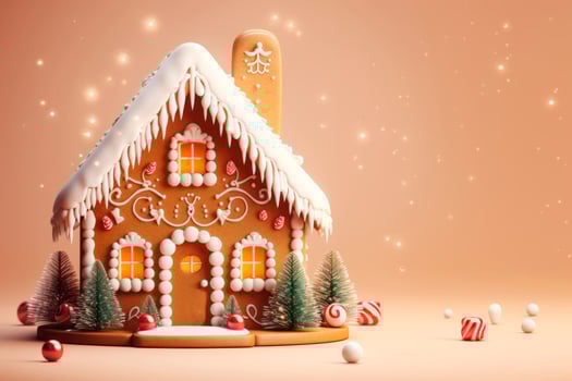 AI Generated A beautiful gingerbread house on a delicate light background. photo