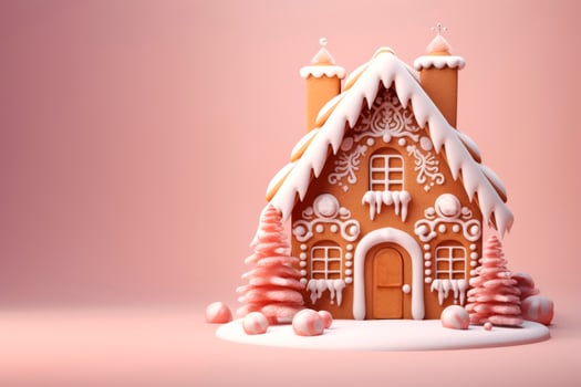 AI Generated A beautiful gingerbread house on a delicate light background. photo