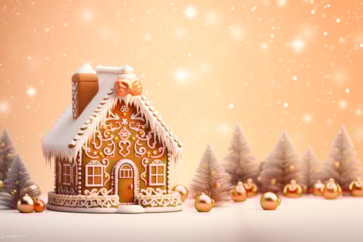 AI Generated A beautiful gingerbread house on a delicate light background photo