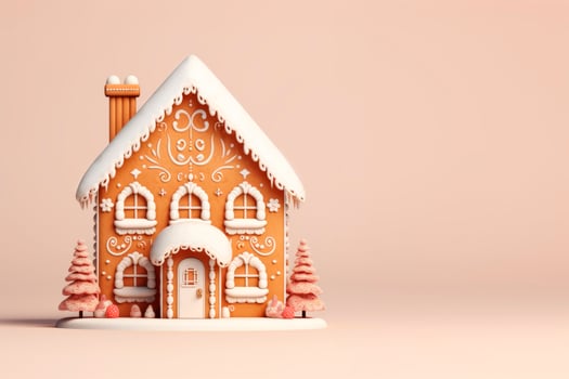 AI Generated A beautiful gingerbread house on a delicate light background. photo
