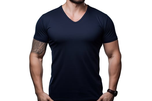 Cropped image of man in black tshirt isolated on white background, Male model wearing a dark navy blue VNeck tshirt on a White background, front view and back view, top section cropped, AI Generated photo