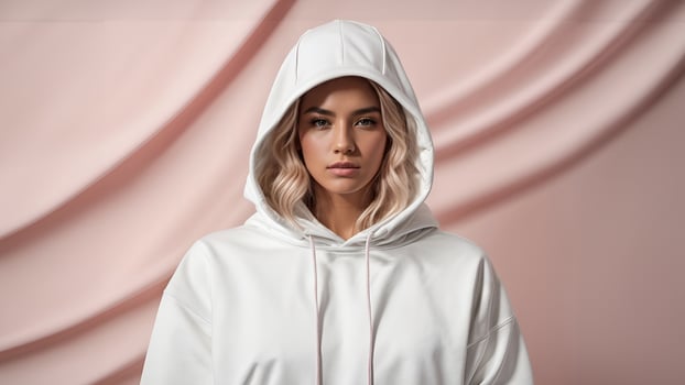 A woman wearing a white hoodie and a pink scarf photo
